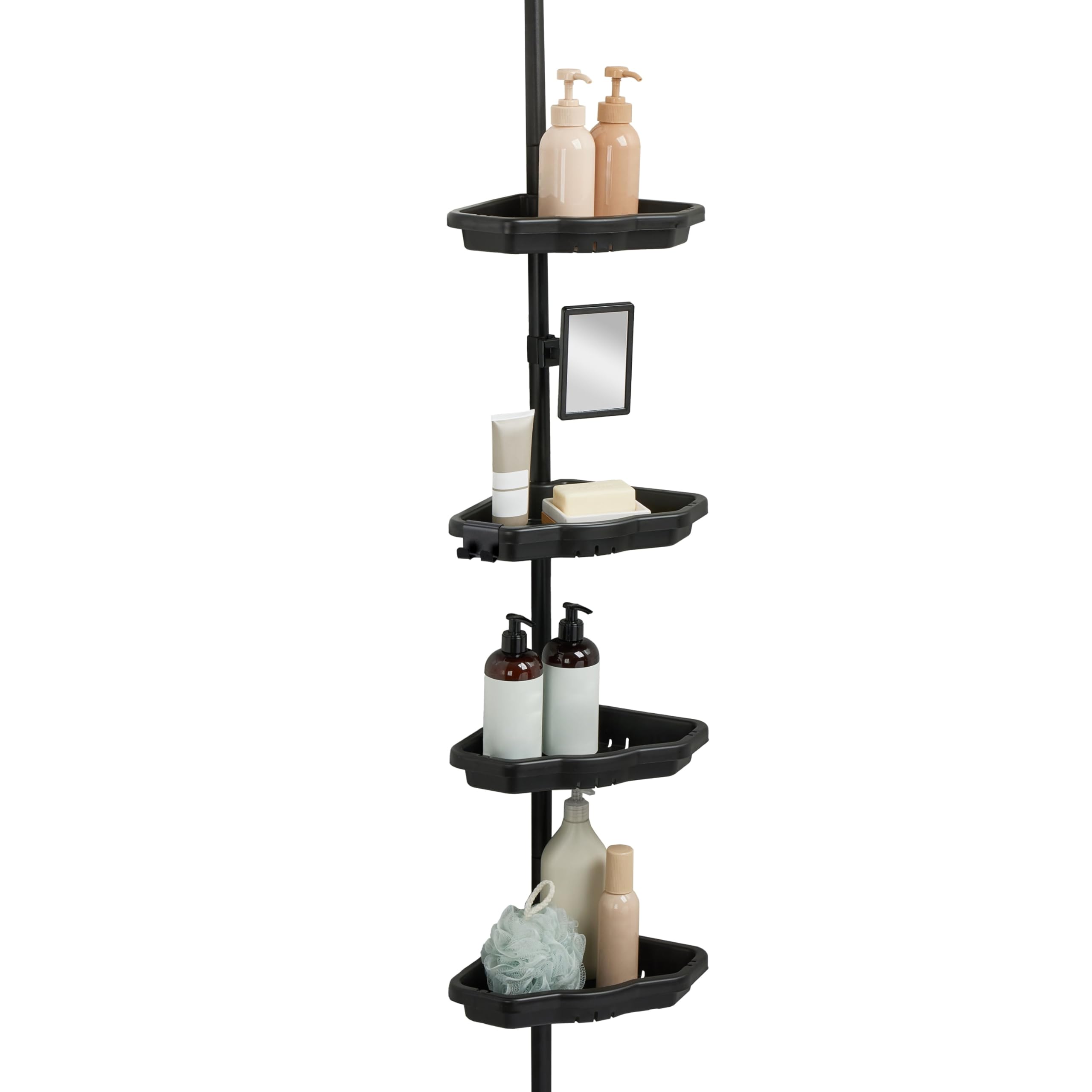4 Tier Corner Shower Caddy Organizer Black Steel Construction 48-102 Inch Adjustable Height Self-Draining Shelves with Anti-Fog Mirror