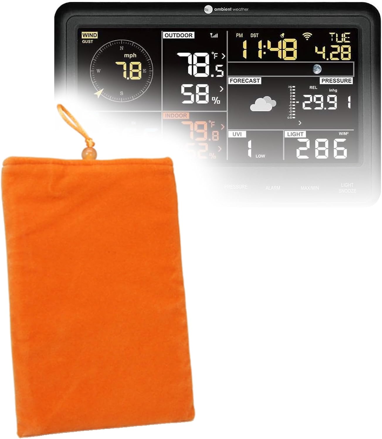 BoxWave Case Compatible with Ambient Weather Smart Weather Station (WS-2902C) - Velvet Pouch, Soft Velour Fabric Bag Sleeve with Drawstring - Bold Orange