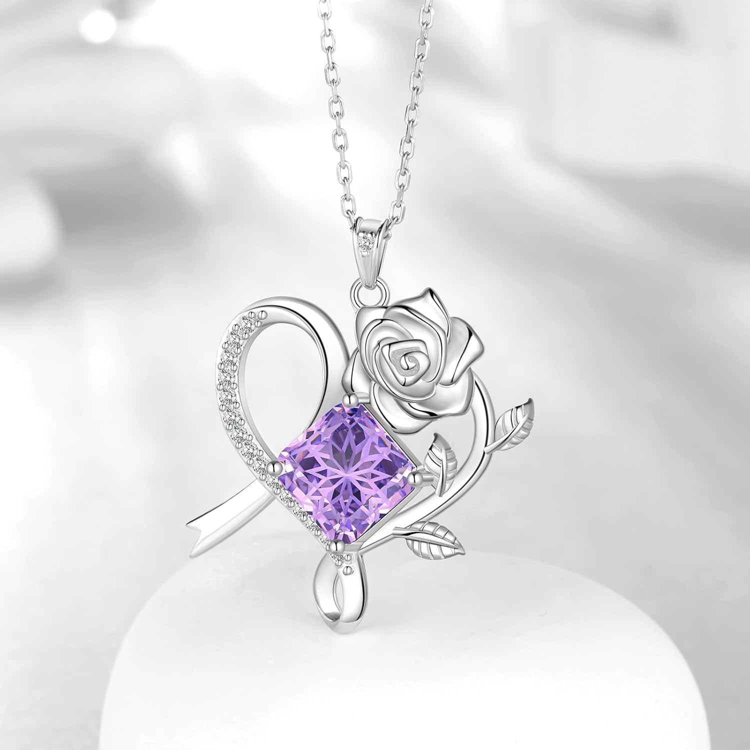 Aurora Tears Birthstone Love Heart Rose Pendant Necklace - 925 Sterling Silver Snowflake Cut Square Cubic Zirconia Ribbon Necklace Anniversary Birthday Jewelry Gift for Women Wife Mom Daughter - Image 3
