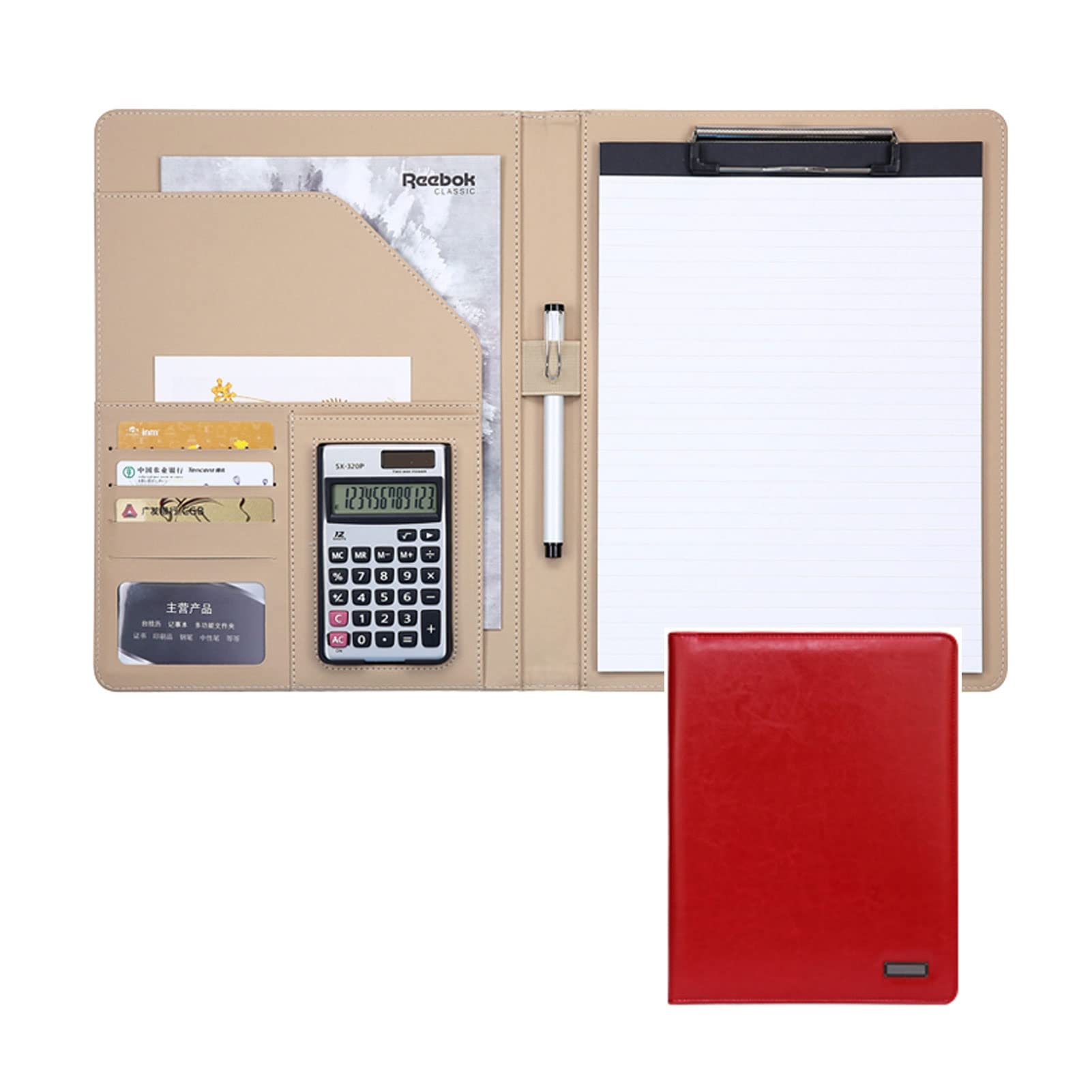 Portfolio A4 rouge avec calculatrice 12 chiffres et bloc-notes pour bureau