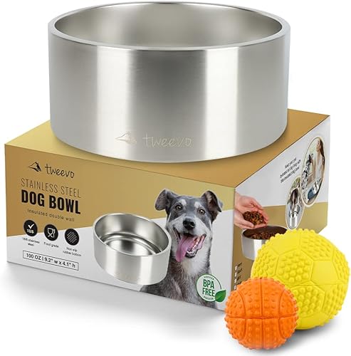 Tweevo Cuenco de acero inoxidable para perros con 2 bolas de goma, duradero y antideslizante, cuenco aislado para comida o agua para perros para