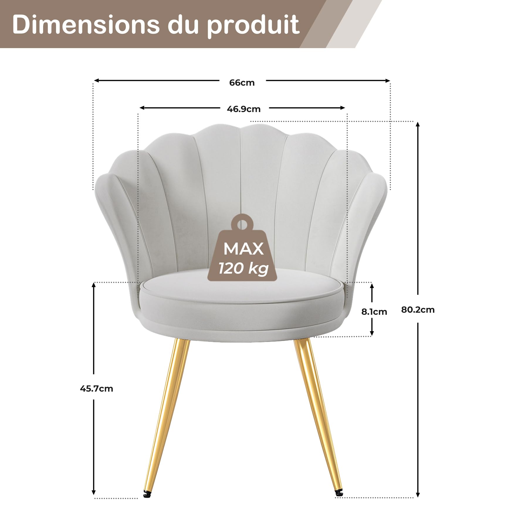 Modern Samt Esszimmerstuhl, Gepolsterter Schminktischstuhl mit Blütenblattförmiger Rückenlehne und Goldenen Beinen, eignet für Wohnzimmer, Schlafzimmer und Esszimmer, Grau