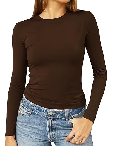 Abardsion Women's Long Sleeve Shirts Spring 2025 Casual Basic Going Out Crop Tops Slim Fit Tight Y2K Clothes - 2# Dark Brown - X-Large