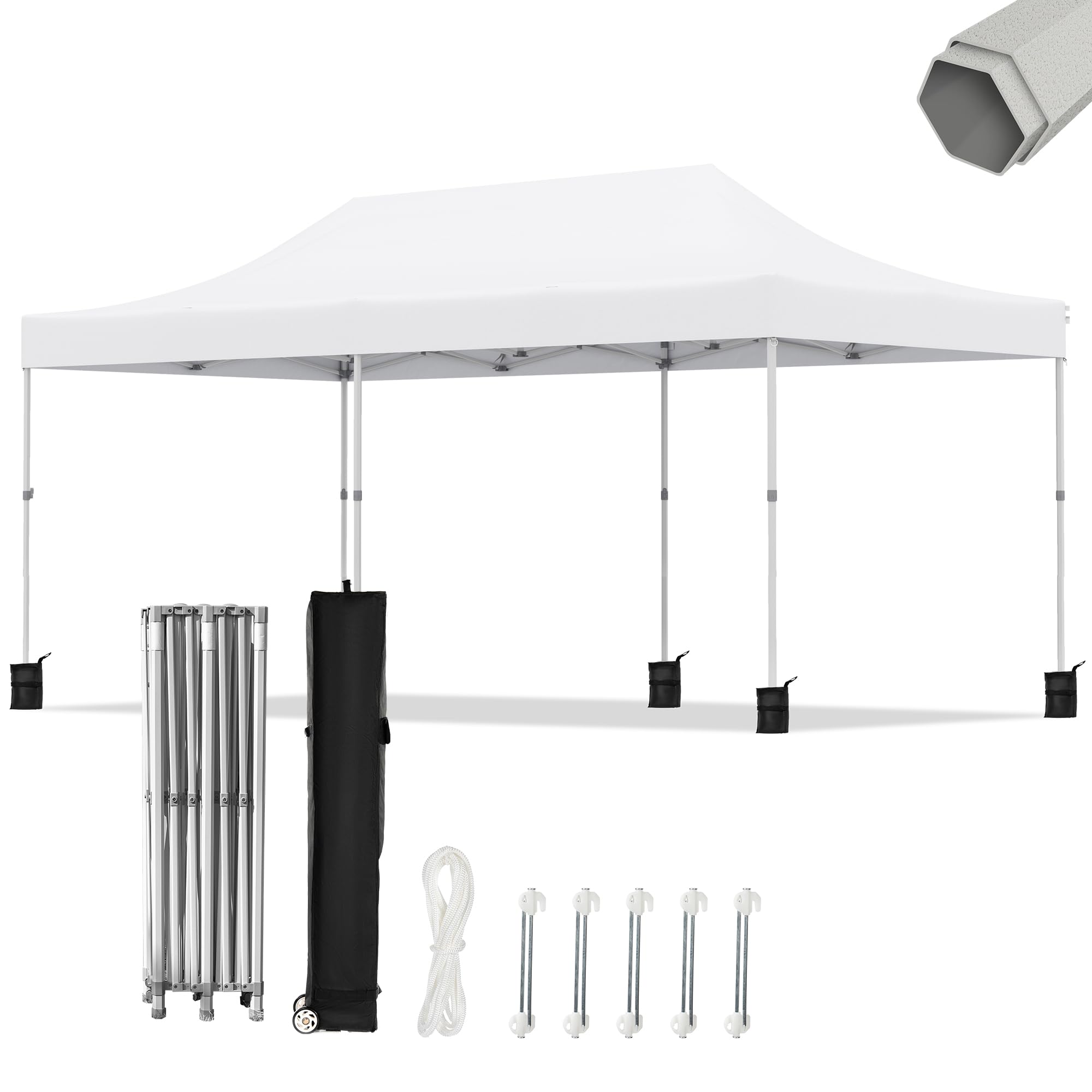 10x20ft Pop Up Canopy - Beach Tent with Easy Set-up, Portable Outdoor Canopy Instant Tent, Commercial Shade Canopy with Wheeled Carry Bag, Thickened Fabric, Hexagonal Steel, 3 Height Adjustable, White