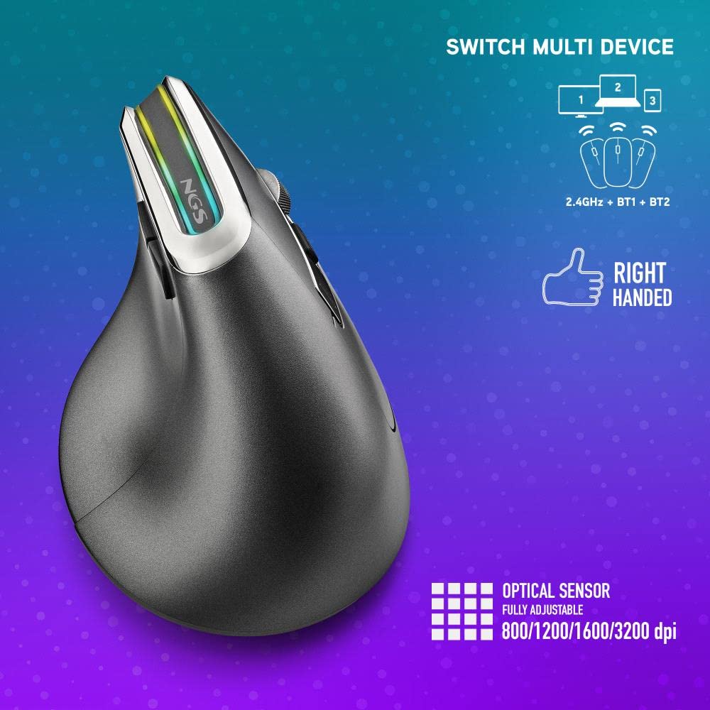 NGS EVO KARMA - Mouse Verticale Ergonomico Senza Fili, Ricaricabile, 5 Pulsanti Silenziosi+Scorrimento, Sensore ottico: 800/1200/1600/3200 DPI, 2.4GHz USB + Bluetooth 3.0 + Bluetooth 5.0, Plug&Play
