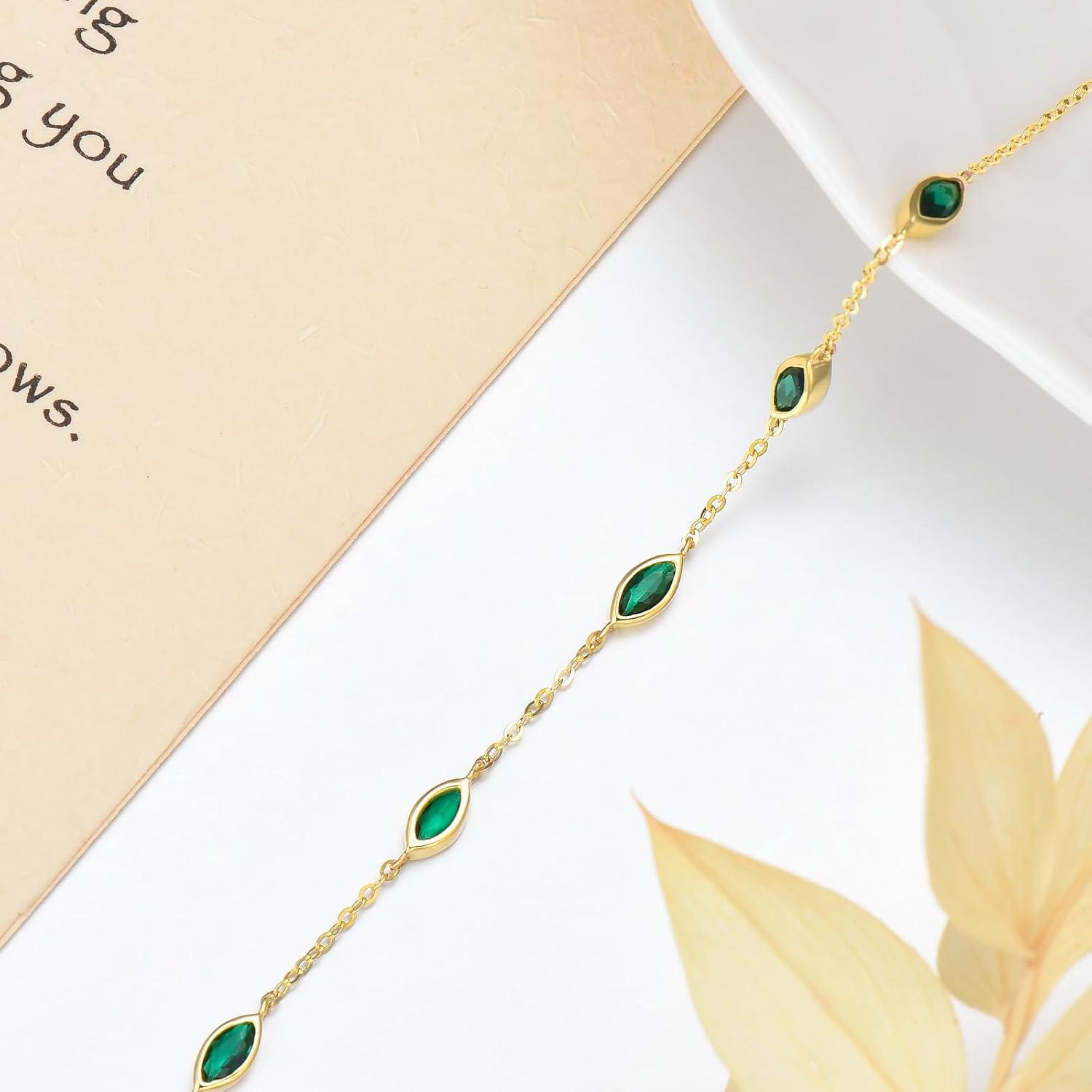 SISGEM 14k Gold Green Marquise Cubic Zirconia Station Bracelet for Women, 14 karat Gold Wrist Jewelry Gift for Yong Ladies, 6.8-8.4 Inch