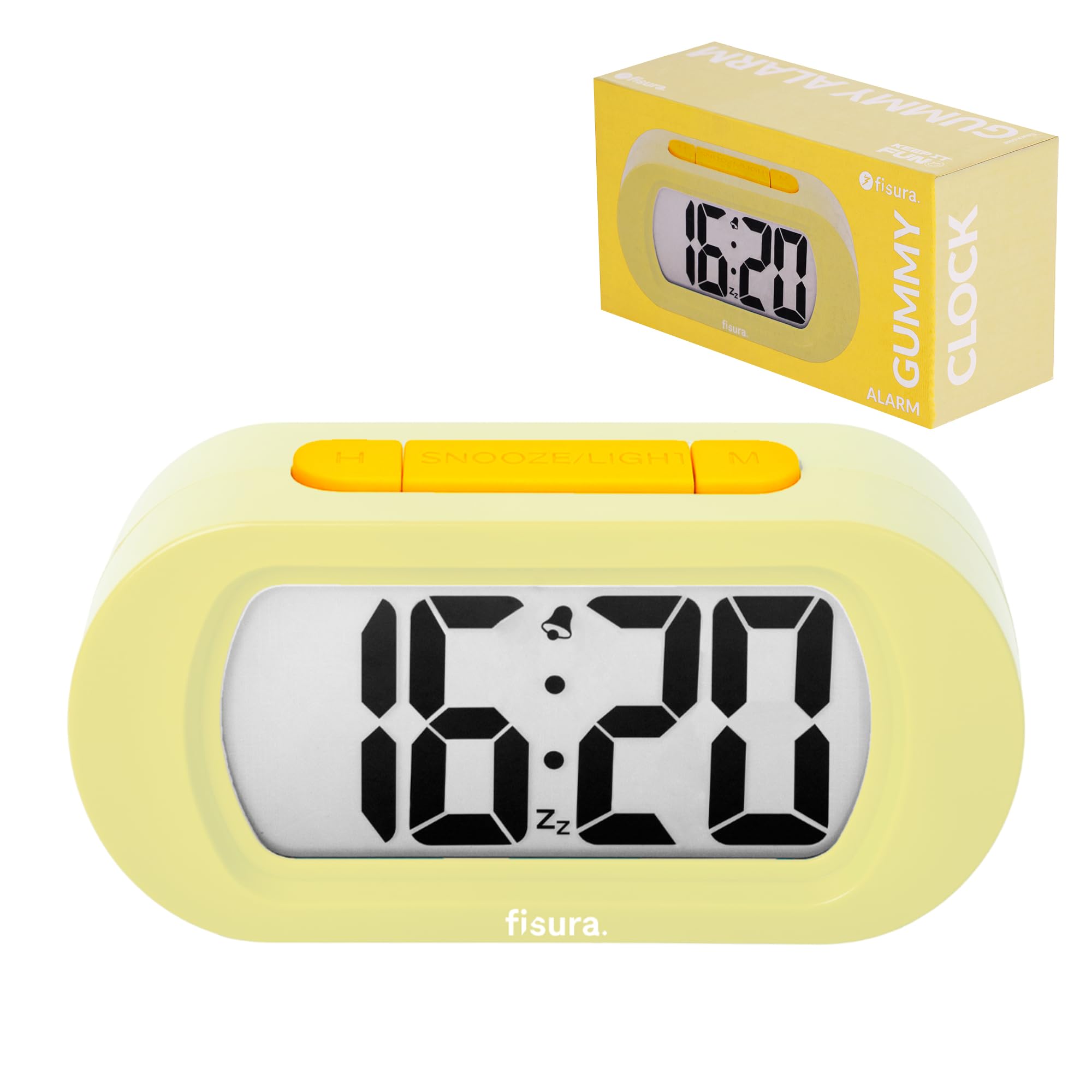 Fisura – Sveglia digitale gialla, orologio con display LED, formato 12/24 ore con retroilluminazione, sveglia da comodino a batterie, funziona con 3 AAA non incluse