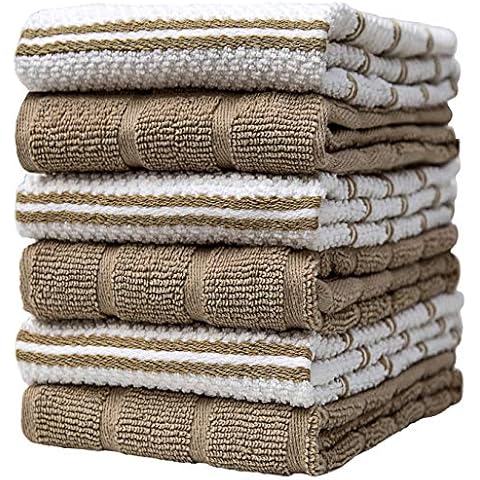 6 Pack Popcorn Grid Design Tea Towel Set / 16” x 28”/ 40 x 71 cm/Thick, Plush 100% Ring-Spun Cotton/Yarn Dyed Variety Pack/Luxury Hand Towels (Tan) Cover
