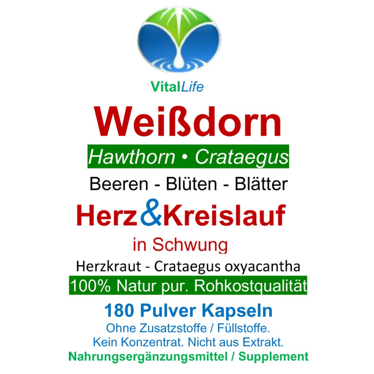 WEISSDORN Weißdorn HERZ-KREISLAUF 360 Kapseln 2x180 "HERZKRAUT" NATUR pur Weißdornbeeren & Weißdornblätter & Weißdornblüten. OHNE ZUSATZSTOFFE. 27100-4