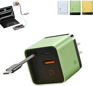 Scalable 80W Max Fast Charger Wall Plug, 80W Retractable Phone Charger Plug with Retractable Cable, 3 in 1 Charger for Phones Tablets Green