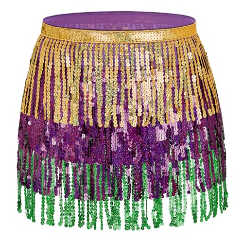 Mardi Gras Skirt Womens Sequin Skirt Yellow Green Purple Belly Dance Hip Scarf Rave Party Sequin Skirt Costume Festival Tassel Skirt