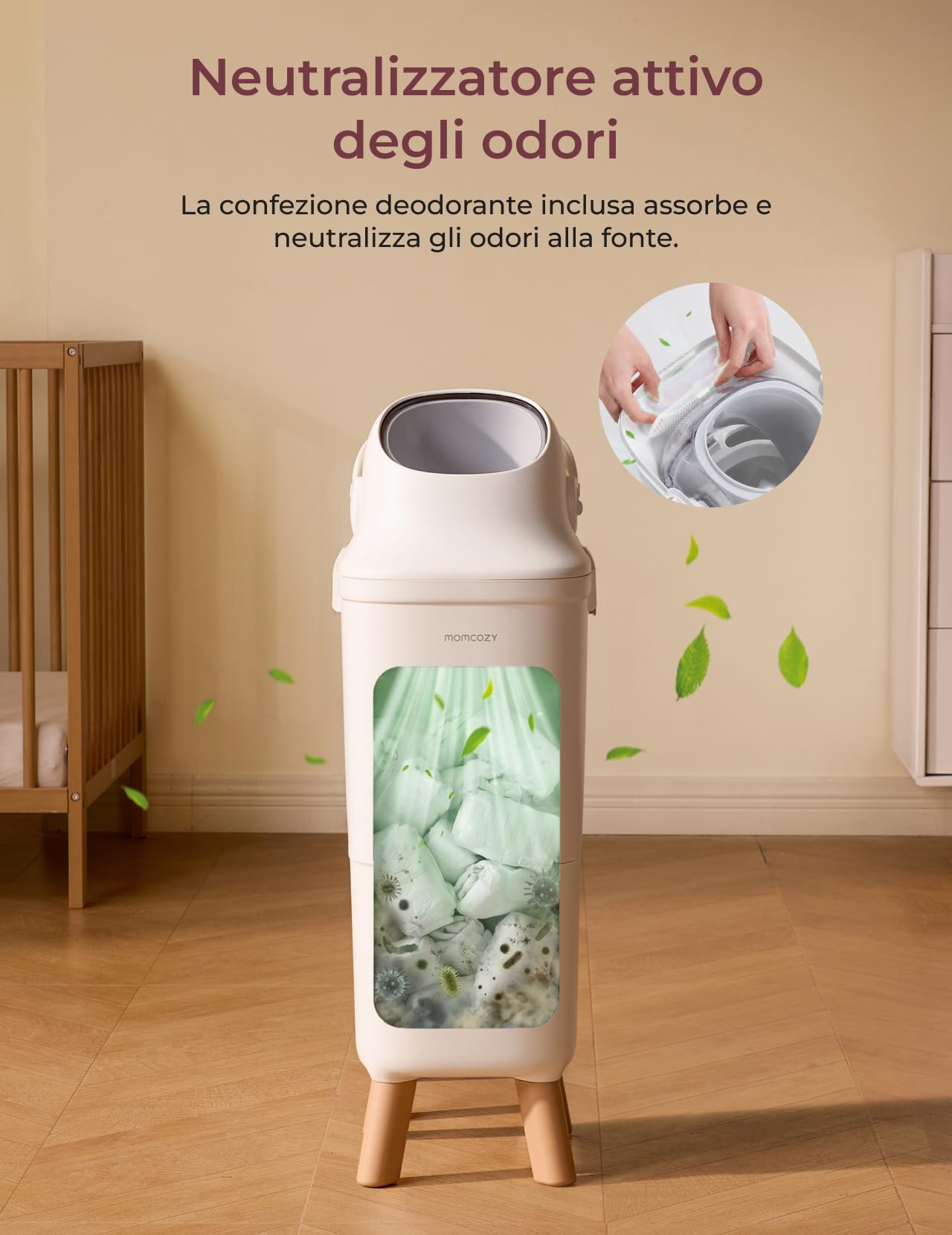 momcozy Mangiapannolini con Sistema Antiodore Brevettato a Tripla Sigillatura, Bidoncino Getta Pannolini ad Altezza Ergonomica, Finestra Visiva, Blocco Sicurezza, Usa Sacchetti Standard