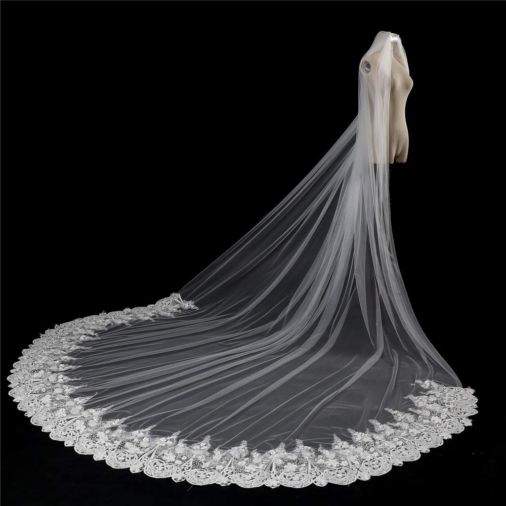 HIFFEY Kapellenlanger Hochzeitsschleier Aus Tüll - Elfenbeinfarben Mit Spitzenapplikationen