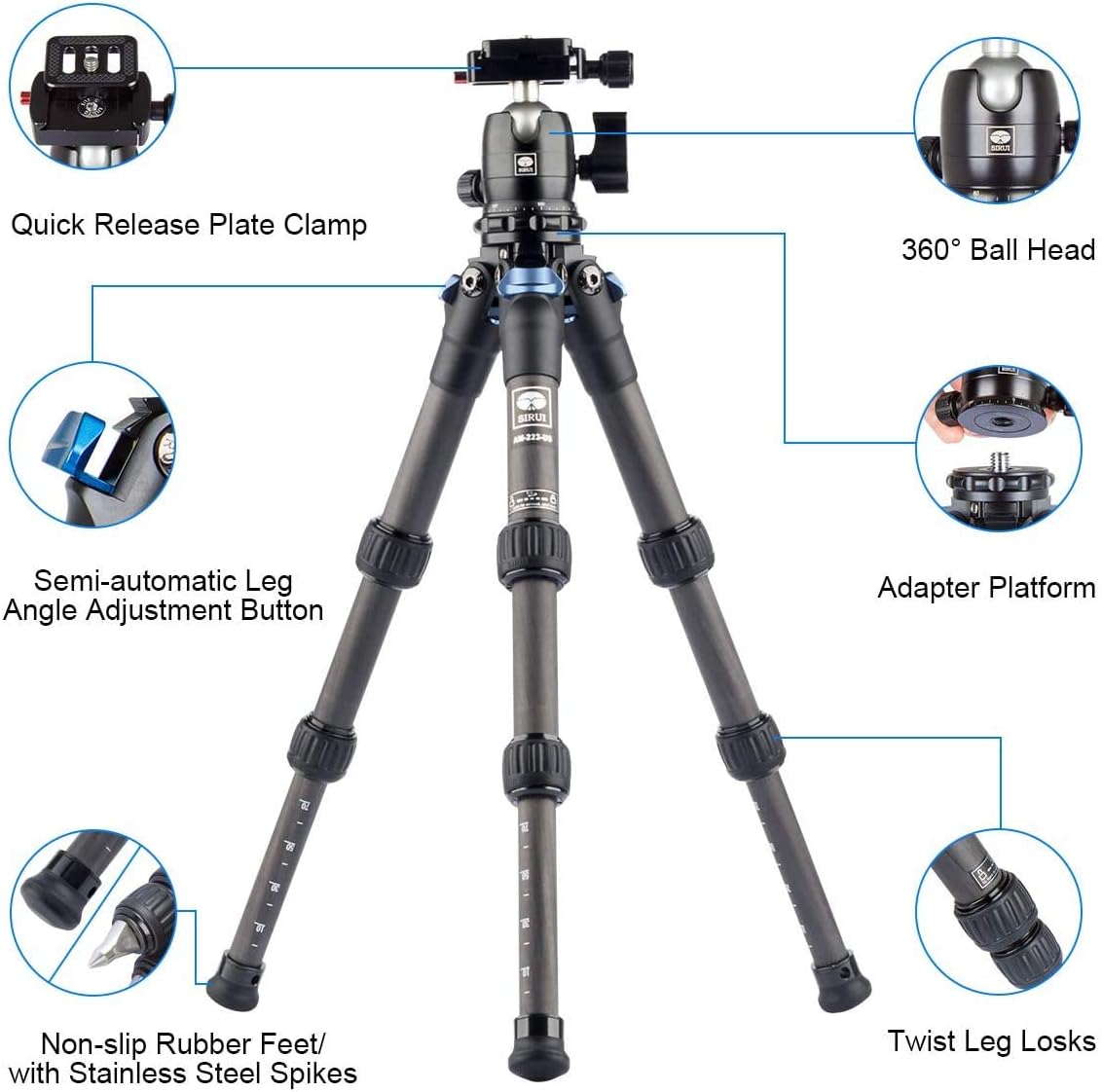 Promo 40% OFF SIRUI AM-223 Carbon Fiber Camera Tripod Mini Travel Compact Tripod with 360° B-00K Ball Head, Arca Swiss Quick Release Plate, Loads up 15KG, Max Height 16.6, Folded Height 12.1