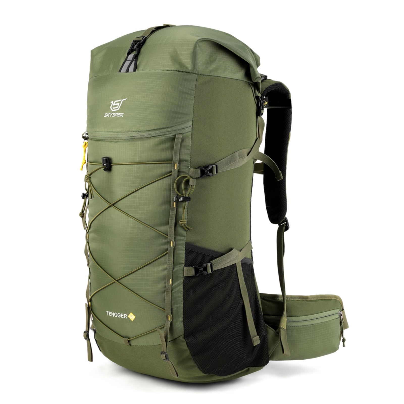 SKYSPER Hiking Backpack - 50L Roll Top Backpacking Backpack Lightweight Comfortable Breathable Camping Travel Pack for Men Women(Armgreen)