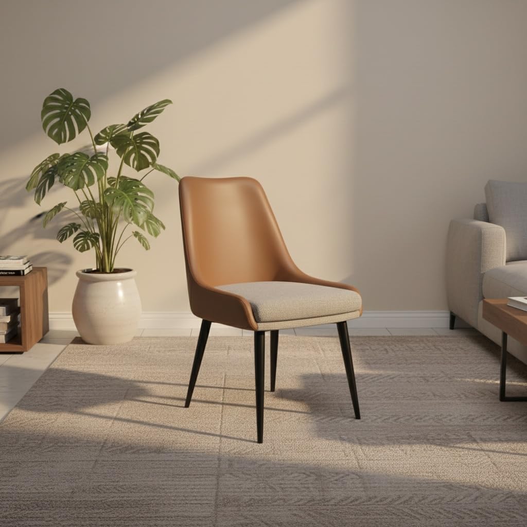 Amazon Brand - Umi Morris Luxe Faux Leather & Fabric Seat Dining Room Chair for Living Room, Bedroom, Cafeteria, Restaurents, Reception, Home, Office with Black Metal Legs in Tan Color-image-17