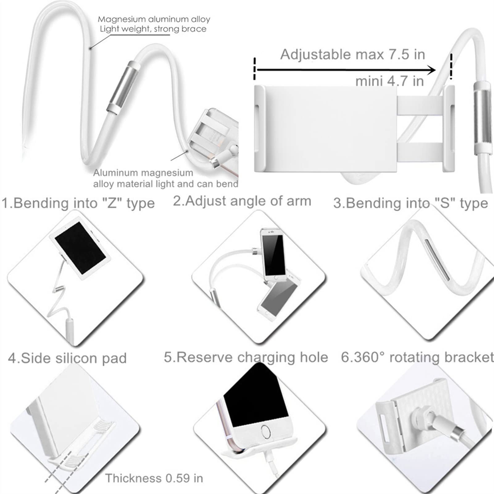 Soporte Tablet Soporte de tableta perezoso flexible, soporte de tableta de clip de brazo de cuello de cisne, soporte de tableta de mesa de cama ajustable for teléfonos y tabletas de 4.0-10.6 pulgadas