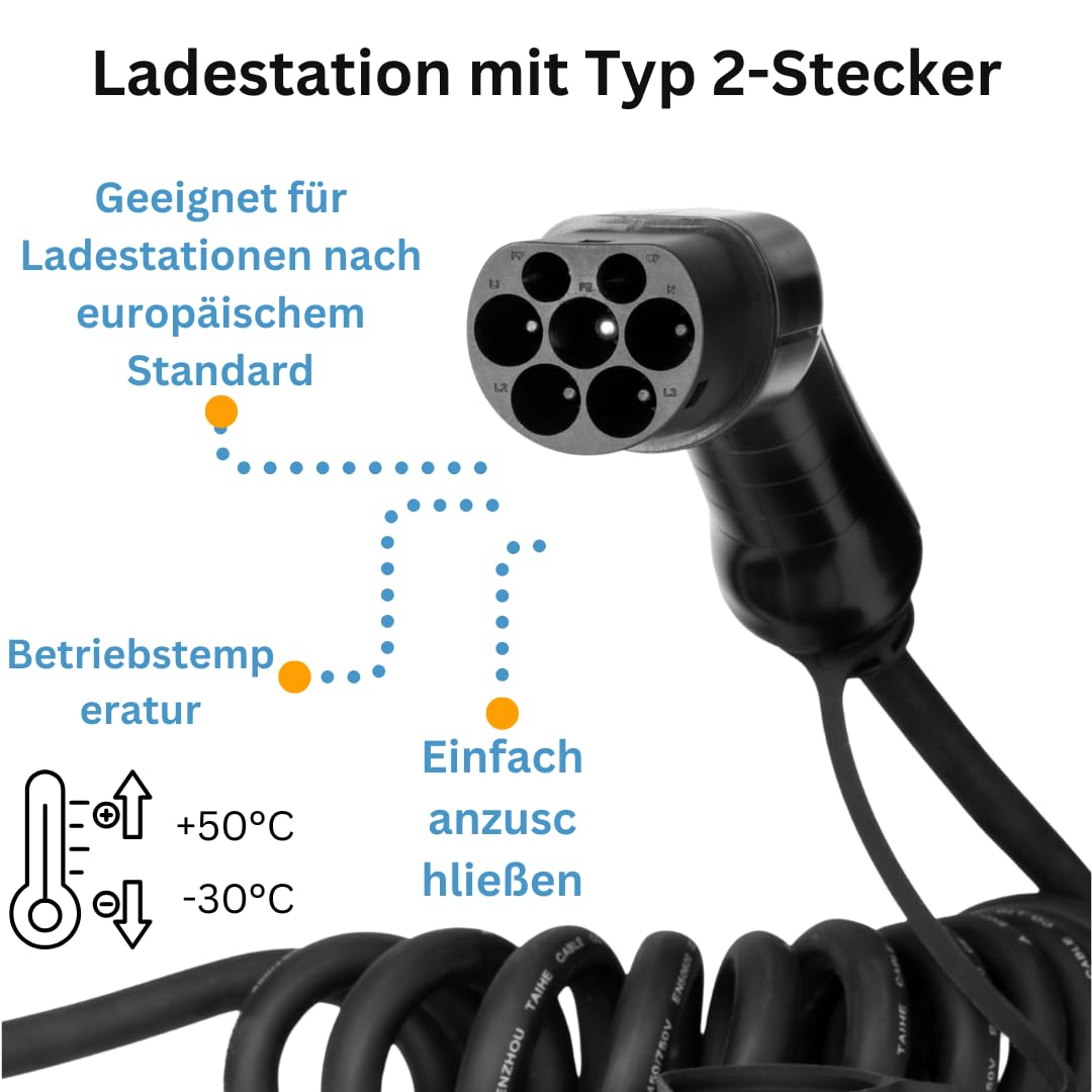 Cable de Carga Tipo 2 para Coches eléctricos, 16 A, 3 Fases, 3 m Espiral, solución de Recarga VE Duradera y Flexible