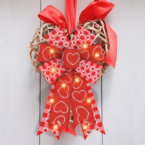 Miniatura 8 de 2 lazos LED para el día de San Valentín para corona, lazos de corona de San Valentín, lazos de arpillera rojos y blancos con luz LED, lazos de