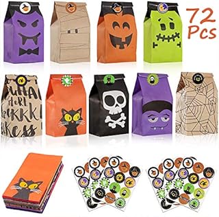 Viccess 72 Pieces Halloween Party Bags Candy Paper Bag Craft Paper Bags Gift Paper Bags With 72 Piece Halloween Stickers For Kids Halloween Party Decorations Party Supplies