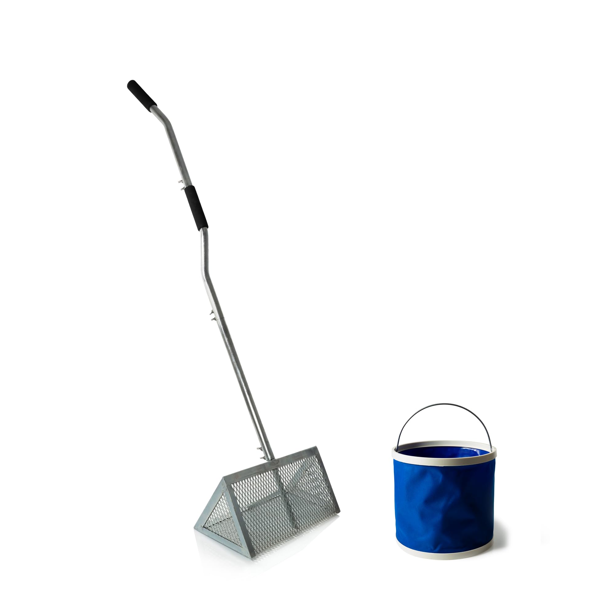Sand flea Rake / Heavy Duty/ 52 inches Ergonomic Handle /16 inches Basket / Galvanized Steel / Includes Collapsible Bucket. Bolts to Replace Wingnuts On Request