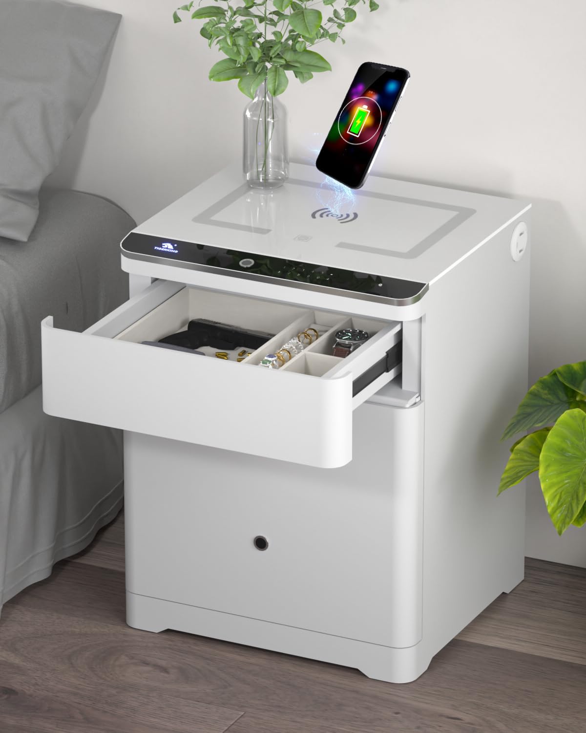 TIGERKING Mesita de noche inteligente 3 en 1, caja fuerte con cerradura para pistola con estación de carga inalámbrica, luz ajustable moderna y