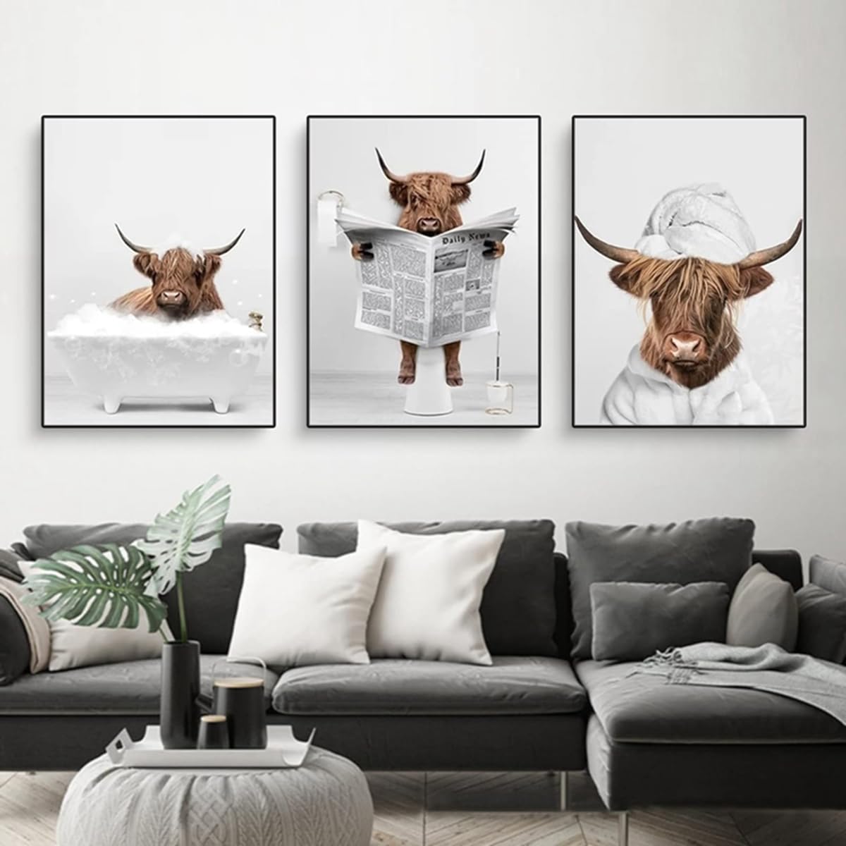 Set of 3 Posters Highland Cow Bathroom Posters, Pictures of Money Orangutans and Monkeys, Animal Black White Wall Art Prints