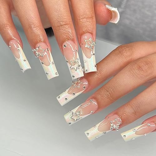 Miniatura 2 de Uñas postizas cuadradas largas a presión, uñas postizas con diamantes de imitación de estrella 3D, diseños de dijes brillantes de ataúd, puntas de