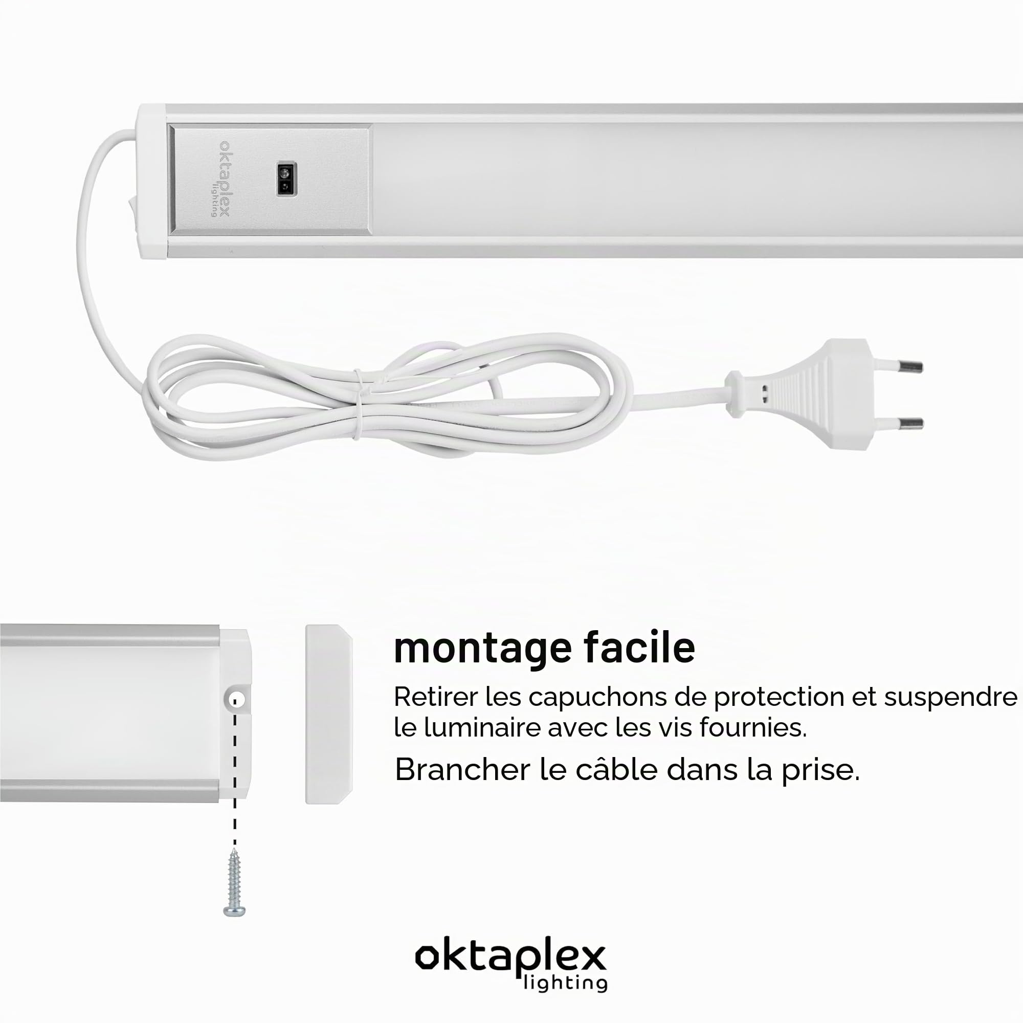 Oktaplex lot de 1 Riva réglette LED cuisine 90 cm avec capteur | 9.9 W avec 760 lm en blanc neutre 4000K sur 230V, aluminium, variation gestuelle