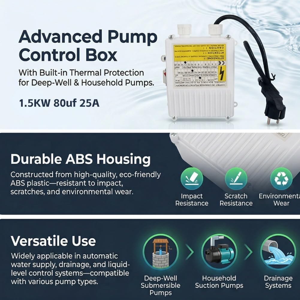 Controlador de Bombas Sumergibles Caja de Control de Bomba con Controlador de Disyuntor de Protección Térmica para Bombas Sumergibles, Bombas de Succión Domésticas (1500W Enchufe
