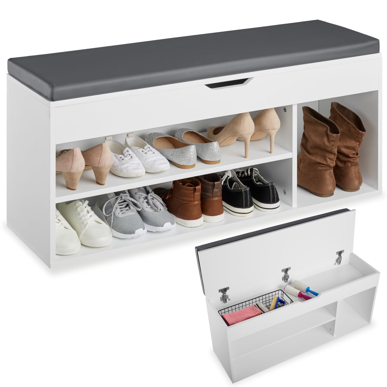 tectake® Shoe Bench with Soft Seat Cushion & 4 Storage Compartments, Shoe Storage Unit in Robust MDF Wood, Easy-to-Clean & Minimalist Shoe Storage Bench for Hallway, Living Room, Bedroom - Grey/White