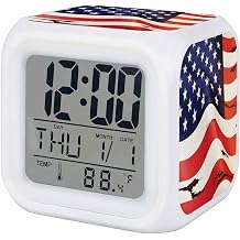 American Flag Square Digital Alarm Clock, Red Blue USA Flag LED Bedside Clock with Silent Non-Ticking Movement & Adjustable Glow Night Light, Easy to Set for Bedroom, Kids/Teens/Seniors
