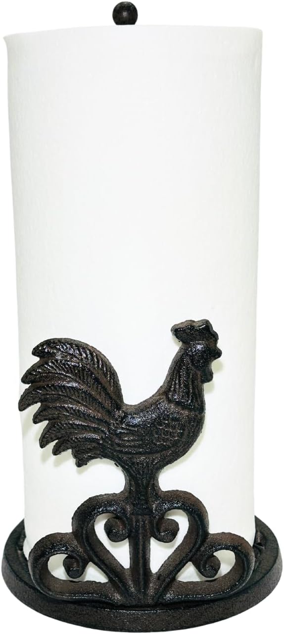 Decoronix Rustic Elegance Cast Iron Rooster Paper Towel Holder - Freestanding 12" Kitchen Accessory with Farmhouse Charm - Perfect for Adding a Touch of Country Style to Your Kitchen Decor