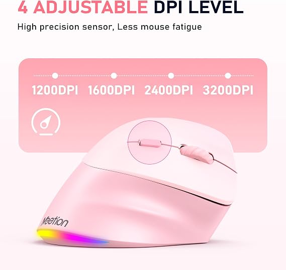 MEETION Ergonomik fare, kablosuz dikey fare RGB arkadan aydınlatmalı şarj edilebilir fare, Bluetooth (5.2 + 3.0) USB-A Tip-c adaptörlü 4 ayarlanabilir DPI uyumlu Mac/Windows/Andriod/PC/Tablet/iPad