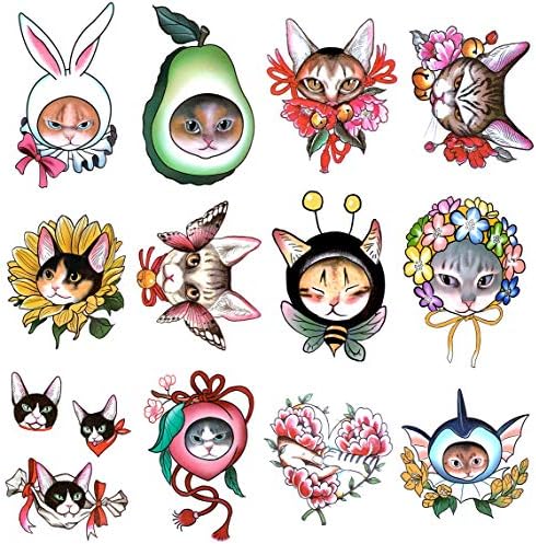 Oottati 30 Sheets Super Cute Tiny Cats Head Flower Temporary Tattoo Suit for Kids Women