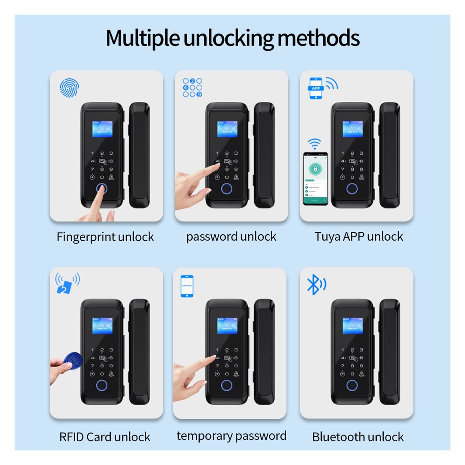 Cerradura inteligente for puerta de cristal con Bluetooth y huella dactilar, doble gancho, desbloqueo, tarjeta M1 contraseña,Seguridad mejorada(Double framed)