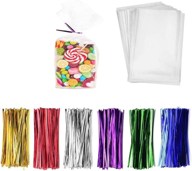 300 Pcs Clear Candy Bags with Ties Clear Cellophane Bags 4"x6" Cookie Bags with 6 Mix Colors Twist Ties - 1.4mils Thickness OPP Plastic Bags for Wedding Birthday Cake Pop Gift Candy Buffet Supplies