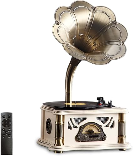 Miniatura 6 de Gramófono vintage con salida Bluetooth, tocadiscos vintage, tocadiscos retro para discos de vinilo de 7, 9, 12 pulgadas, 3 velocidades, alta