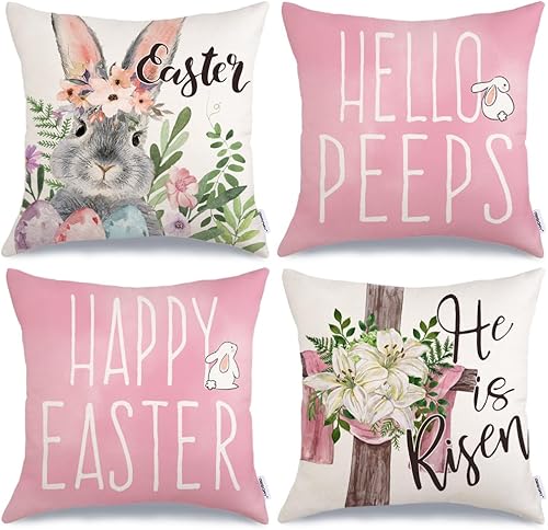 GEEORY Juego de 4 fundas de almohada de Pascua de 18 x 18 pulgadas, diseño floral de conejo, Hello Peeps Cross He is Risen, fundas de almohada