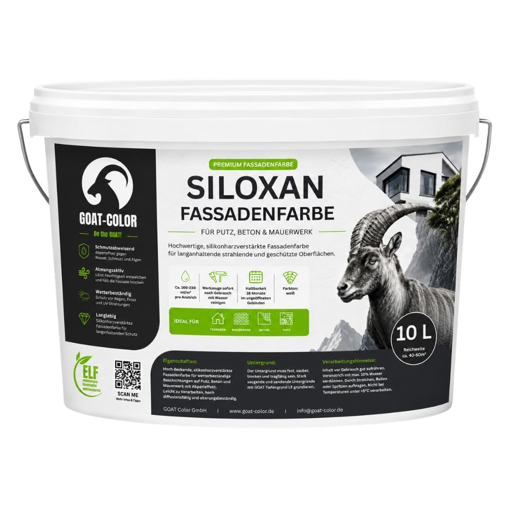 GOAT Siloxan Fassadenfarbe | Silikonharzverstärkt | Hochatmungsaktiv (Weiß, 10 Liters)
