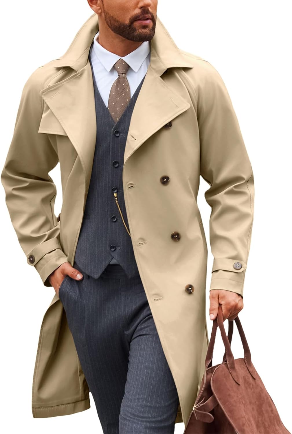 Runcati Mens Trench Coat Double Breasted Notched Lapel Casual Belted Windbreaker Fall Classic Long Jacket Overcoat