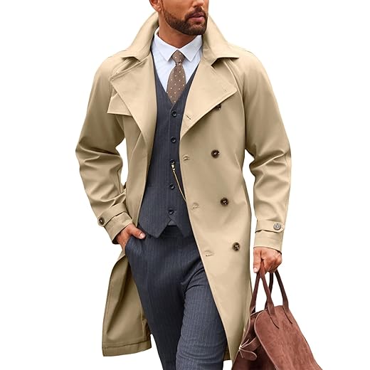 Runcati Sobretudo masculino trench coat transpassado lapela entalhada casual com cinto corta-vento outono clássico casaco longo