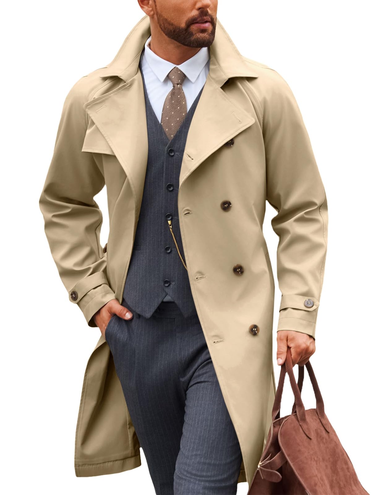 Runcati Mens Trench Coat Double Breasted Windbreaker Long Jacket Overcoat Large Khaki