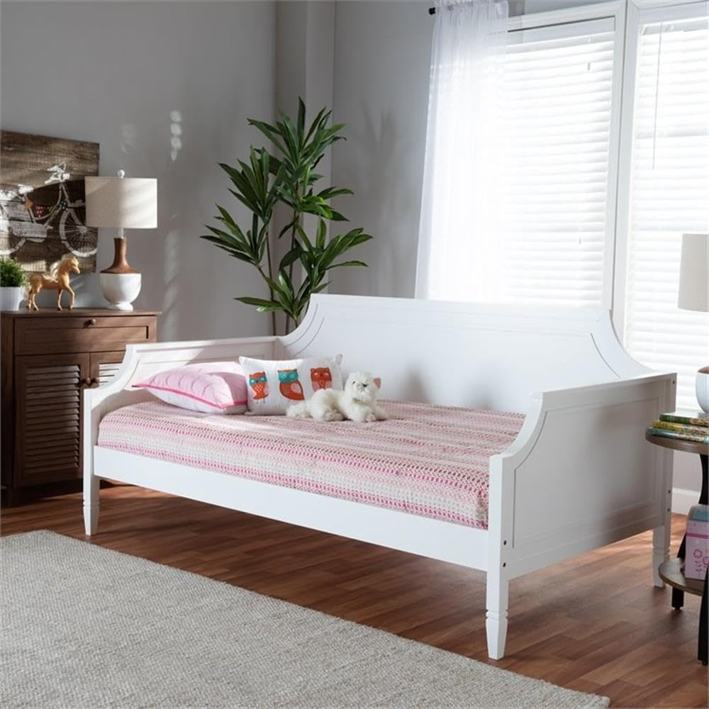 BOWERY HILL Traditional Wood Twin Size Daybed with Trundle, Rubberwood and MDF, White Finish, Gold-Tone Metal Ring Pulls, Raised Molded Panels, Classic Design for Guest or Kids Bedroom
