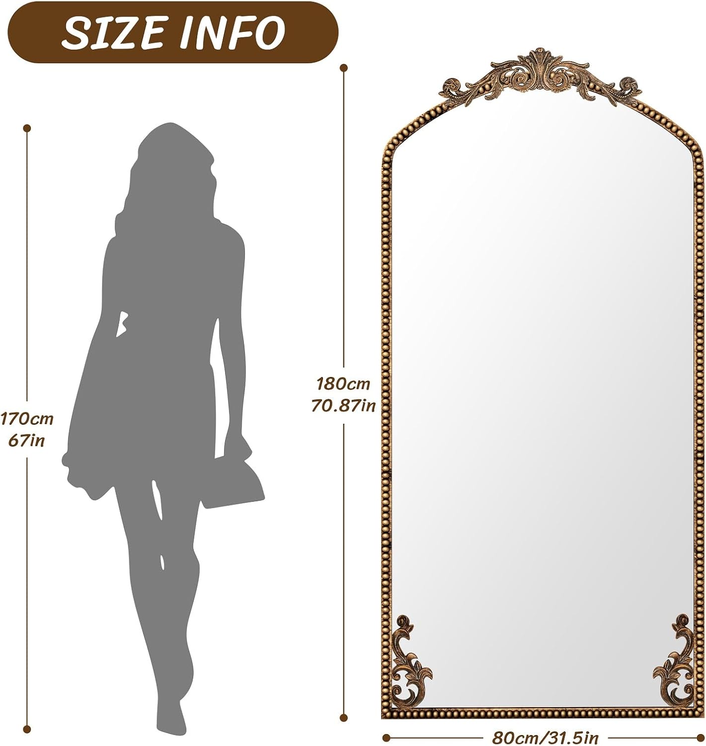 Gold Arched Full Length Mirror 71"×32", Large Traditional Vintage Baroque Inspired Floor Mirror, Ornate Antiqued Bronze Mirror for Wall, Living Room/Bedroom/Hallway/Home Decor