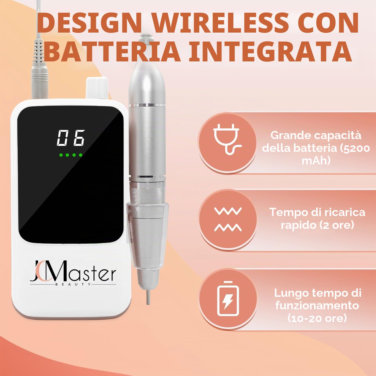 Fresa unghie professionale JCMaster, 35.000 U/min, lima elettrica portatile per unghie in gel e acrilico, batteria ricaricabile, incl. 12 punte, comando a pulsante.
