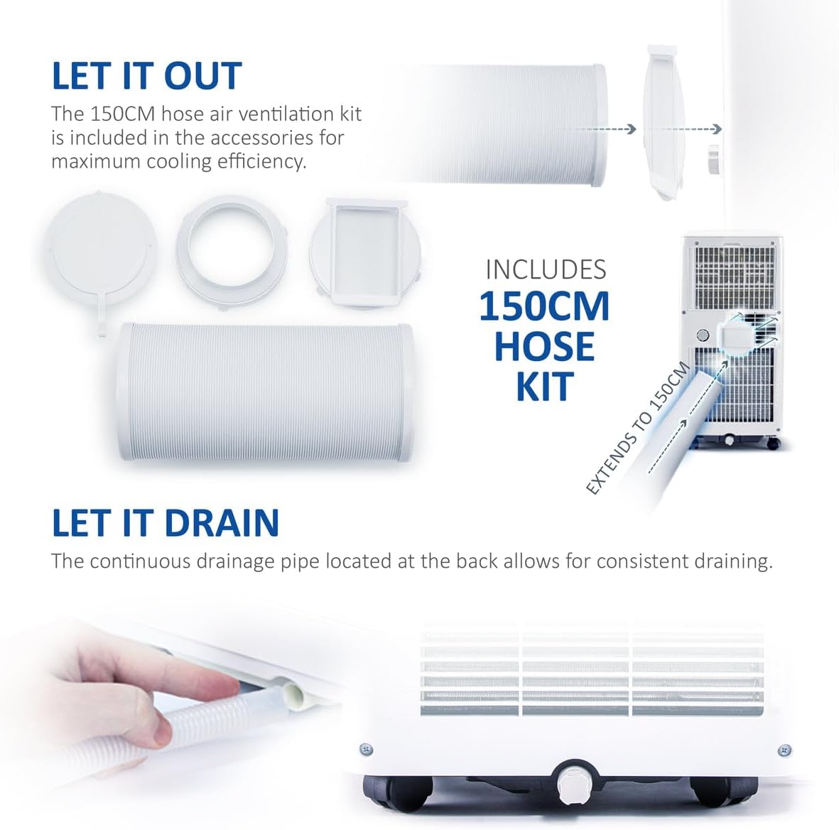 Components of the exhaust hose kit and a hand connecting the drainage pipe