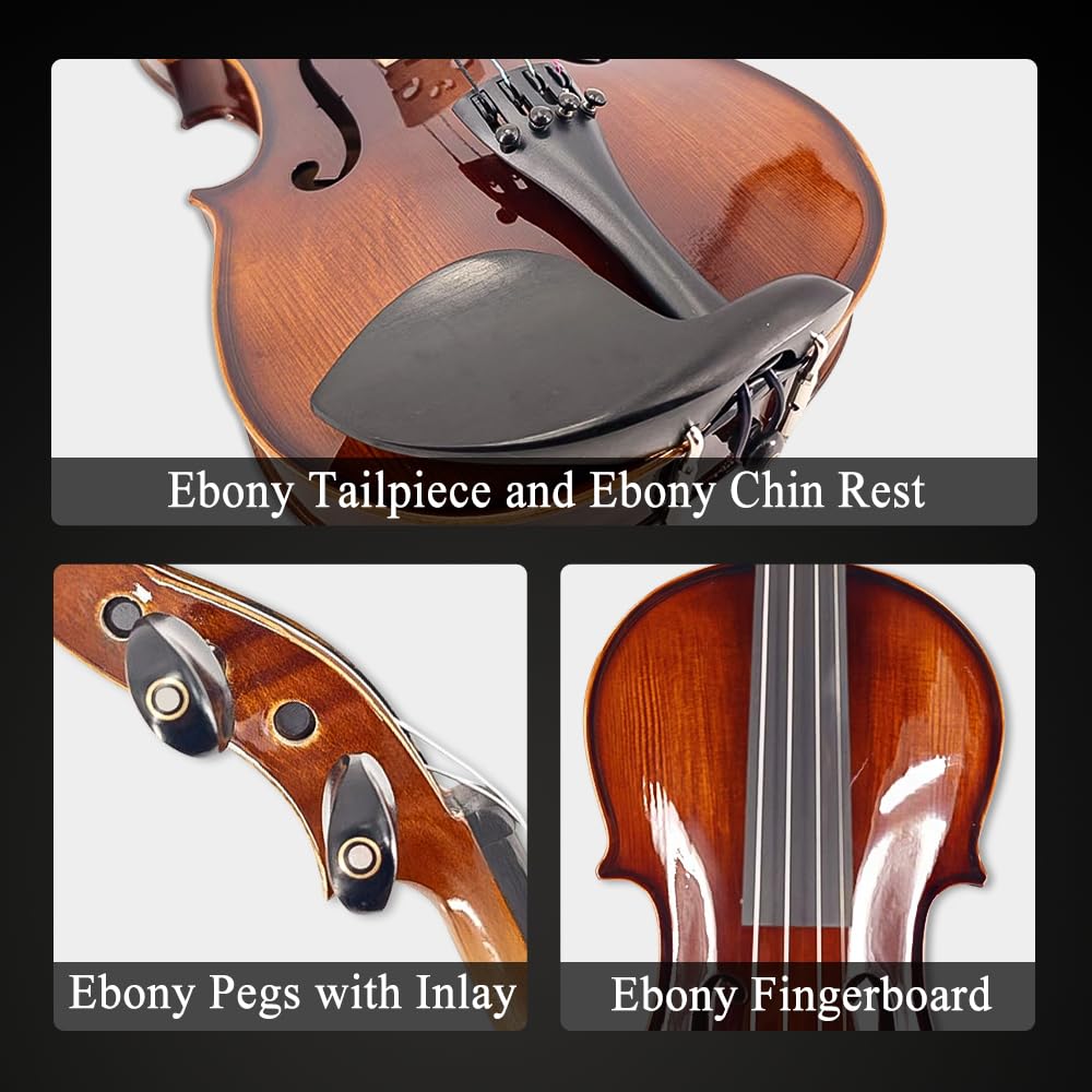 Violon 4/4 complet pour débutants, adultes, étudiants, épicéa vieilli, violon en bois massif, fixations en ébène avec étui rigide, épaulière, archet, accordeur, cordes supplémentaires (marron