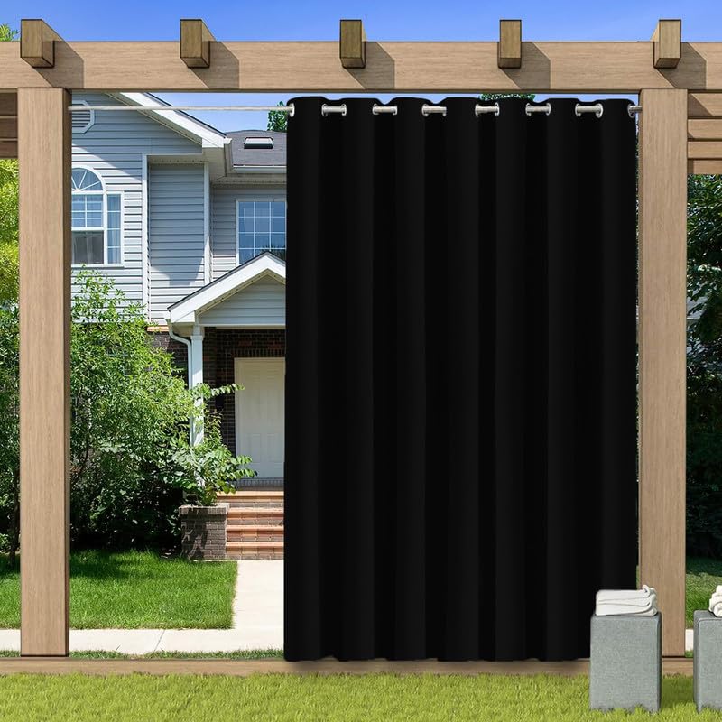BliRiki Indoor Outdoor Blackout Curtain, Thermal Insulated Waterproof Outdoor Curtains for Patio Gazebo Pergola, Privacy Protection Room Divider Curtain for Bedroom, 1 Panel, W100 xH63, Black