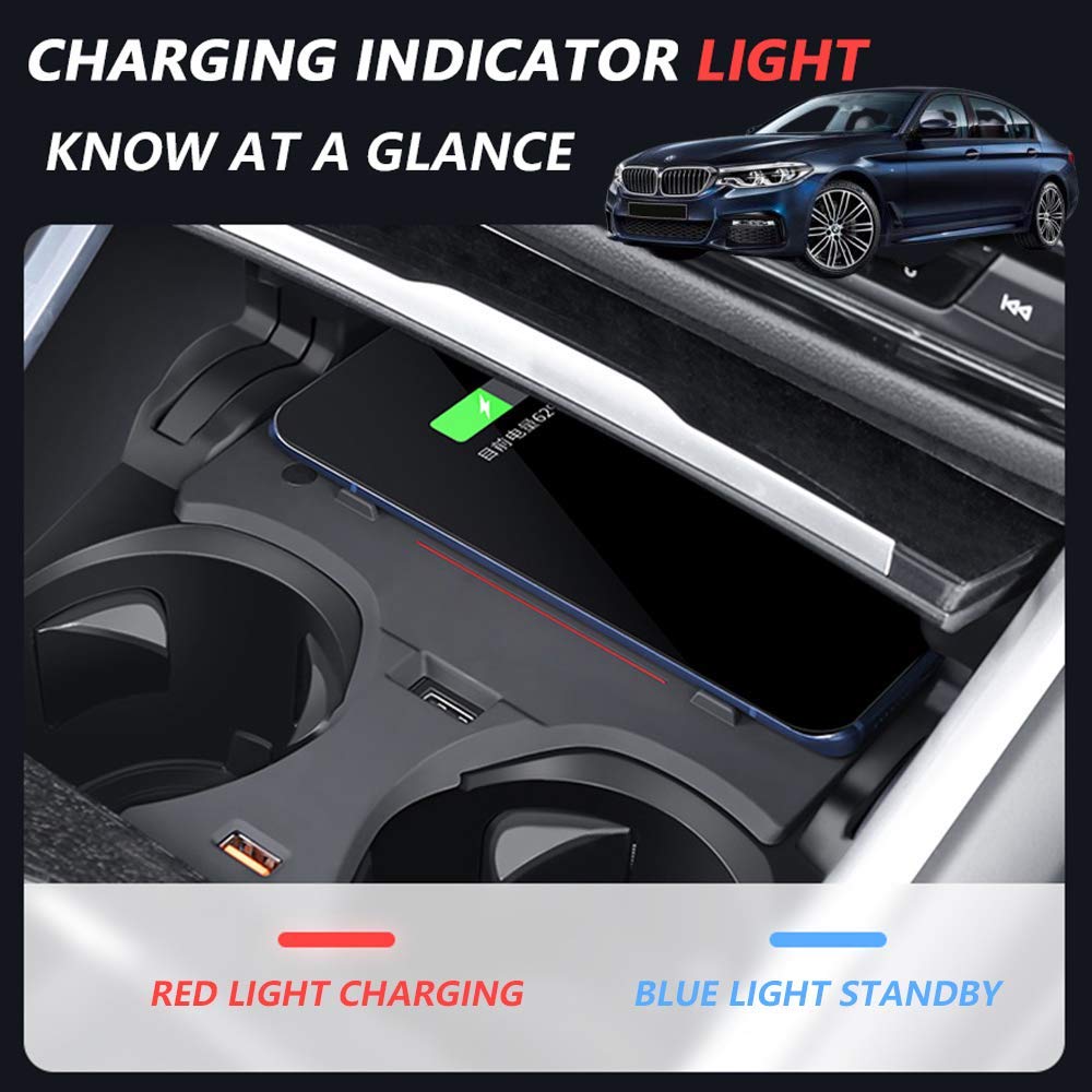 Cargador Inalámbrico Coche Auto para BMW 5 Series 2018 2019 2020 2021 Consola Central Panel, 15W Qi Carga Rápida Teléfono Cargador con QC3.0 USB para iPhone 12/11/XS/X/8 Samsung S20/S10/S9